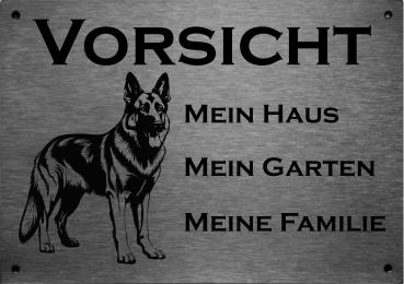 Edelstahl Warnschild Deutscher Schäferhund VORSICHT Mein Haus mein Garten meine Familie